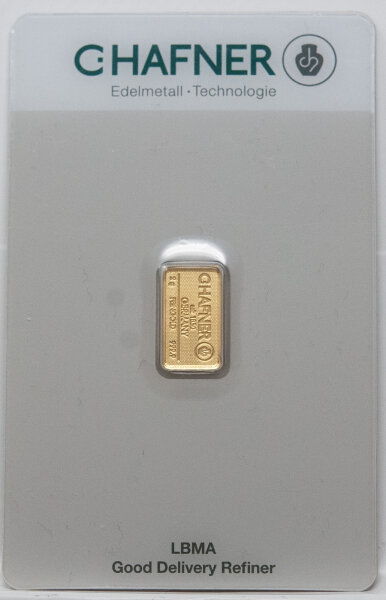 Vorderseite des 2 g Goldbarrens von C.Hafner im manipulationssicheren CertiCard Blisterpack.