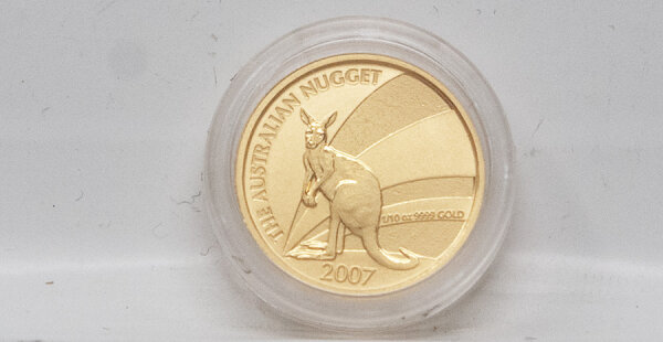 Detaillierte Motivseite der 15 Dollar Goldmünze Australien 2007 mit dem Känguru-Motiv.