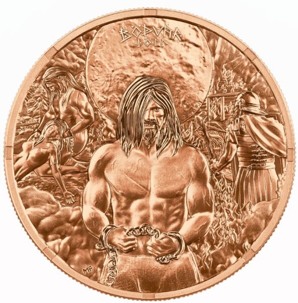 Detailreiches Hauptmotiv der 1 oz Kupfer-Münze 2026 Bödvar Saga mit dem legendären nordischen Krieger und Gefährten.