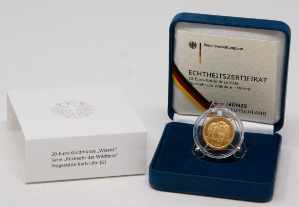 20 Euro Goldmünze 2026 Wisent Prägestätte G Wertseite mit Bundesadler und Nennwert