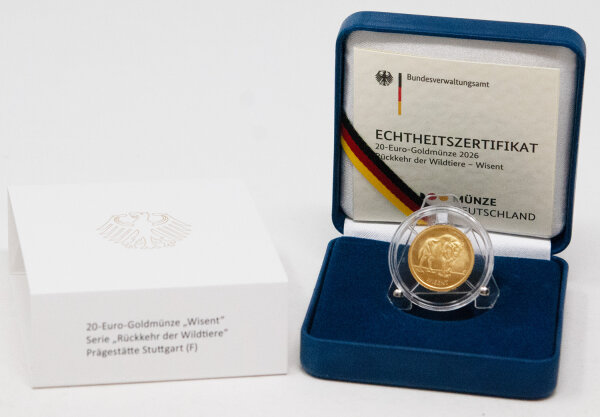 20 Euro Goldmünze 2026 Wisent Prägestätte F Wertseite mit Bundesadler und Nennwert