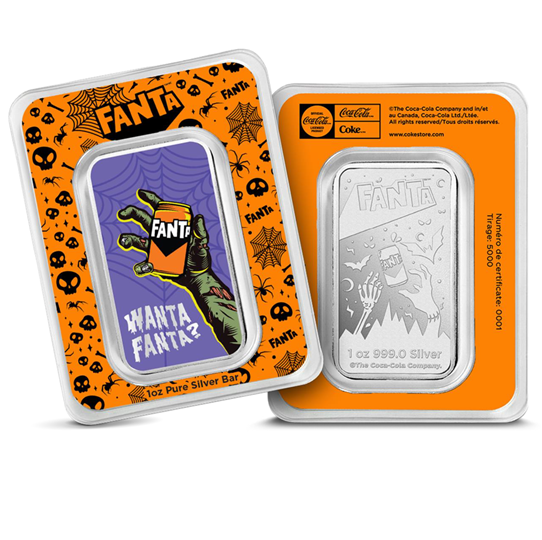 Motivseite des colorierten 1 oz Feinsilberbarrens PAMP Fanta Halloween in der illustrierten Blisterkarte.