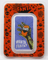 Motivseite des colorierten 1 oz Feinsilberbarrens PAMP...