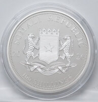 Offizielle Wertseite der 100 Shilling Silbermünze Somalia 2026 mit dem somalischen Staatswappen.