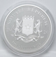 Rückseite der vergoldeten Somalia 1 oz Münze mit Nennwert und Wappenlöwen.