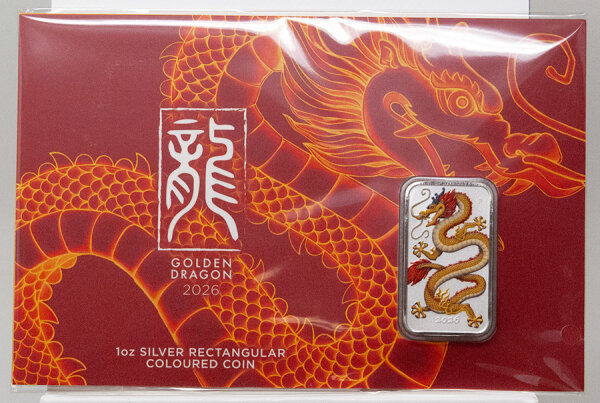 Vorderseite der offiziellen Perth Mint Coincard mit dem colorierten Rectangular Dragon 2026.
