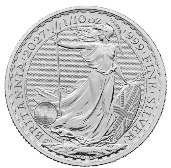 Motivseite der britischen 10 Pence Britannia 2027 in 1/10 Unze Feinsilber in Kapsel.