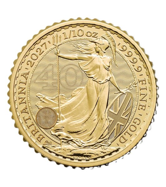 Strahlende Motivseite der britischen 10 Pfund Goldmünze 2027 Britannia in Kapsel.