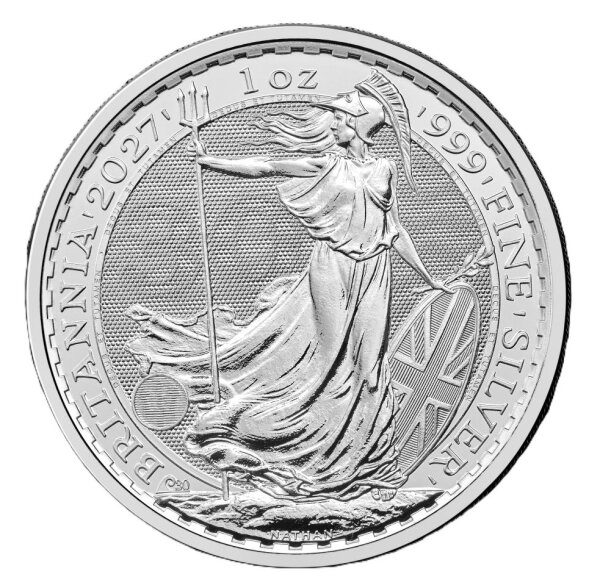 Motivseite der legendären britischen 2 Pfund Silbermünze 2027 Britannia 1 oz in Kapsel.