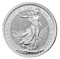 Motivseite der legendären britischen 2 Pfund Silbermünze 2027 Britannia 1 oz in Kapsel.