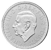 Wertseite der 1 oz Silber Britannia mit Nennwert 2 Pfund und dem Porträt von König Charles III.