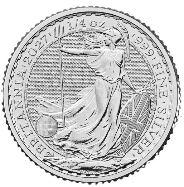 Detailansicht der 50 Pence Britannia 2027 in 1/4 Unze Silber in schützender Kapsel.