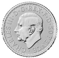 Wertseite der 1/4 oz Silbermünze mit Charles III. Bildnis und 50 Pence Nominal.