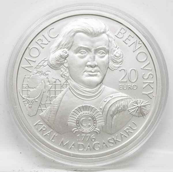 Bildseite der slowakischen 20 Euro Silbermünze 2026 Maurice Benyovszky in BU.