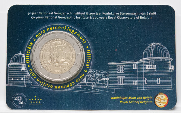 Vorderseite der offiziellen belgischen Coincard (niederländische Version) mit der 2 Euro Gedenkmünze NGI.