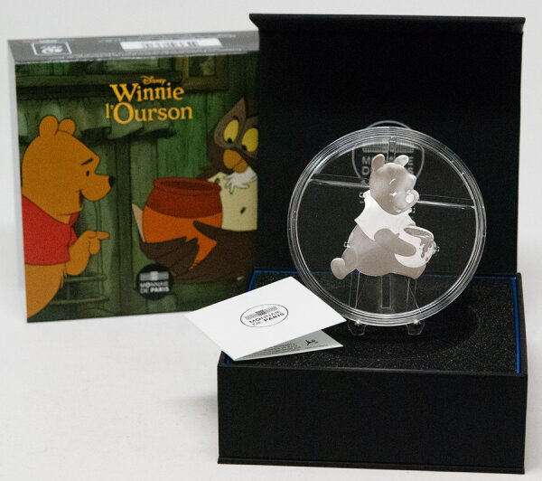 Farbenfrohe Motivseite der konturgeprägten 10 Euro Silbermünze Frankreich 2026 Winnie Pooh.
