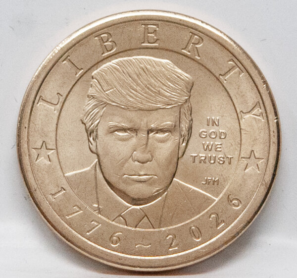 Porträtseite des US 1 Dollar Präsidentendollars 2026 Donald Trump mit dem Münzzeichen P.