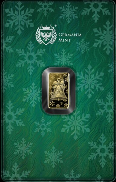 Vorderseite der grünen Safepack Coincard mit dem Germania Mint 1/100 oz Goldbarren Christmas Bell.