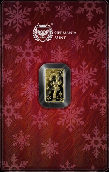 Vorderseite der roten Safepack Coincard mit dem 1/100 oz Goldbarren Candy Cane der Germania Mint.