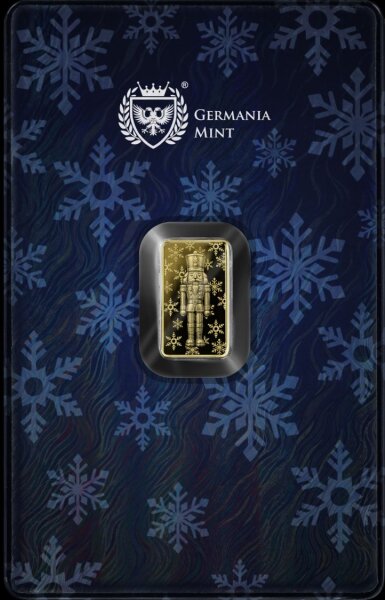 Vorderseite der nachtblauen Safepack Coincard mit dem 1/100 oz Goldbarren Nutcracker der Germania Mint.