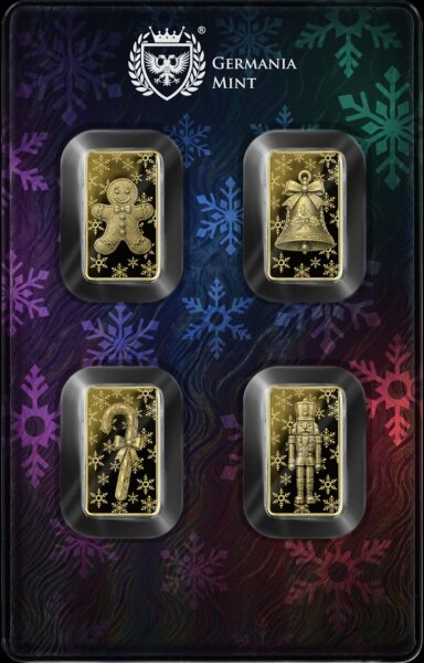 Vorderseite der exklusiven 4er Safepack Coincard der Germania Mint mit allen 4 Christmas Goldbarren.