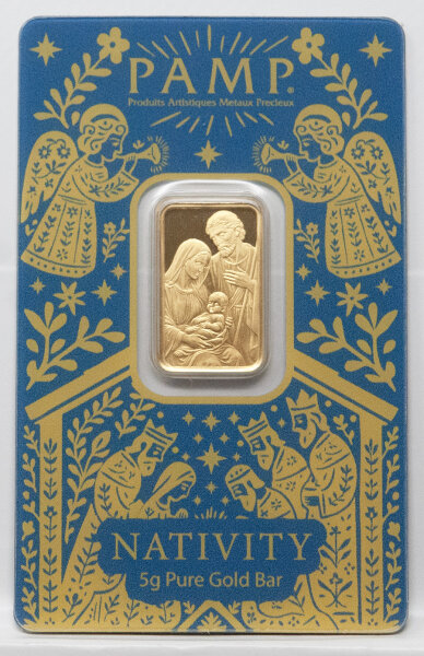 Vorderseite der blauen CertiPAMP-Karte mit dem 5 g Feingoldbarren PAMP The Nativity und dem Motiv der Heiligen Familie.