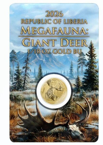 Motivseite der 100 Dollar Goldmünze 2026 Megafauna #2 - Giant Deer mit dem mächtigen Riesenhirsch.