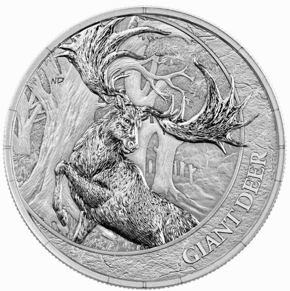 Detailreiche Motivseite der 1 oz Feinsilbermünze 2026 Giant Deer mit dem prähistorischen Riesenhirsch.