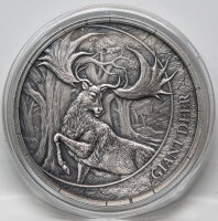 Wertseite der 20 Dollar Antique Finish Silbermünze mit kunstvoller Patina und Staatswappen.