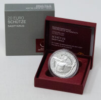 Detailreiche Motivseite der österreichischen 20 Euro Silbermünze 2026 Sternzeichen Schütze.