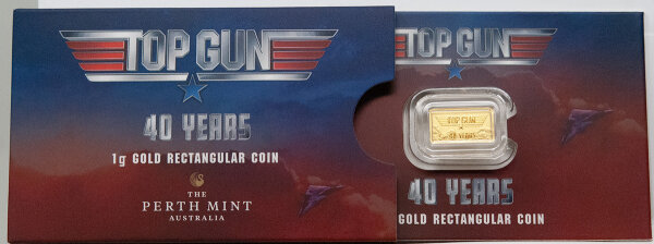 Vorderseite der lizenzierten Top Gun Coincard mit dem 1 g Feingoldbarren Maverick im Kampfjet-Design.