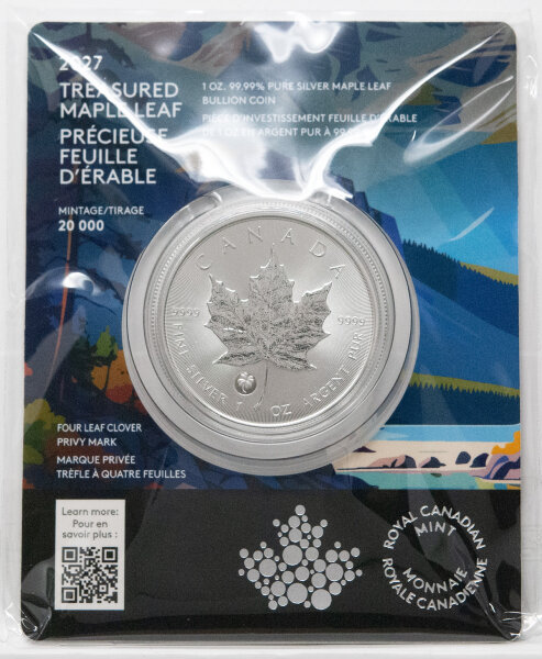 Motivseite des 1 oz Silber Maple Leaf 2027 mit dem Ahornblatt und dem filigranen Kleeblatt-Privy-Mark.