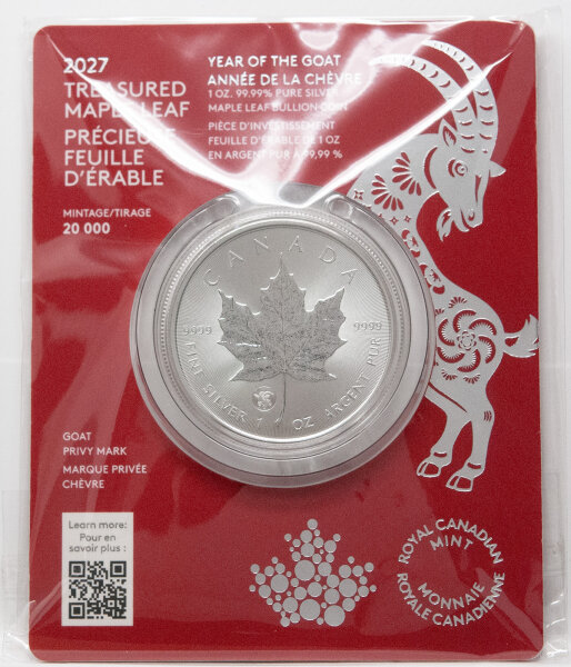 Motivseite der 1 oz Silber Maple Leaf 2027 mit dem Sonderstempel Year of the Goat (Privy Ziege).