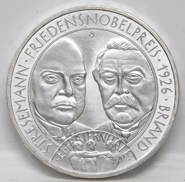 Bildseite der deutschen 35 Euro Silbermünze 2026 Friedensnobelpreis Stresemann & Briand in Stempelglanz.