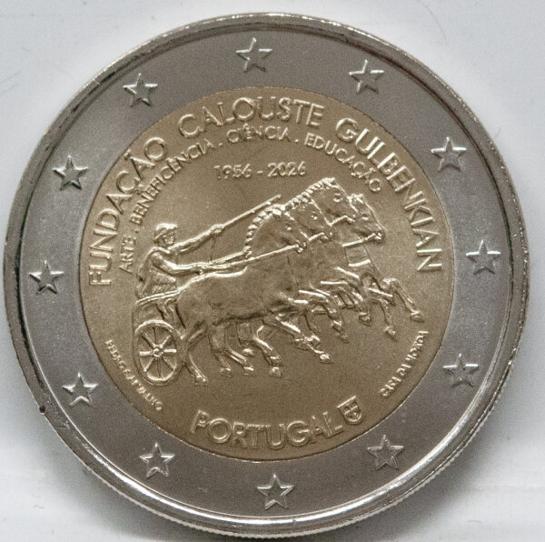 Vorderseite der portugiesischen 2 Euro Gedenkmünze 2026 Gulbenkian in prägefrischer Erhaltung.