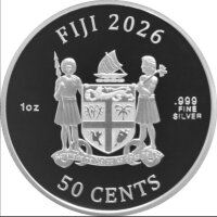 Wertseite der 1 oz Silbermünze Fidschi 2026 mit dem offiziellen Staatswappen und Nennwert.