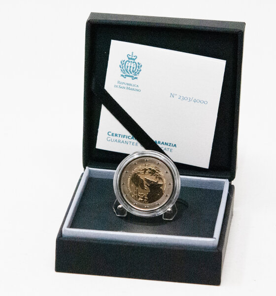 Motivseite der 2 Euro Gedenkmünze San Marino 2026 Franz von Assisi im seltenen Reverse Proof Finish.
