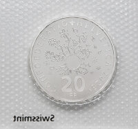 Wertseite der Schweizer 20 Franken Silbermünze mit Nennwert, Jahrgang und Eidgenossenschafts-Inschrift.