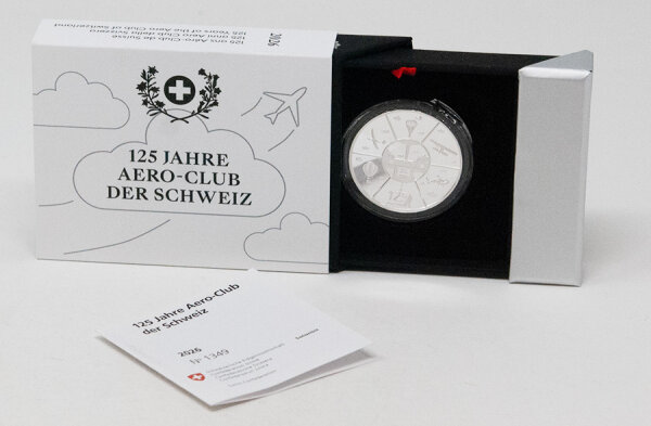 Motivseite der Schweizer 20 Franken Silbermünze 2026 Aeroclub in spiegelnder Polierter Platte.