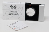 Motivseite der Schweizer 20 Franken Silbermünze 2026 Aeroclub in spiegelnder Polierter Platte.