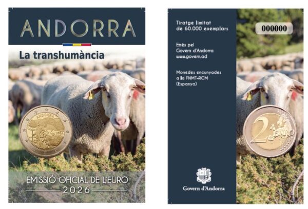 Vorderseite der offiziellen andorranischen Coincard mit der 2 Euro BU Gedenkmünze 2026 Almwirtschaft.