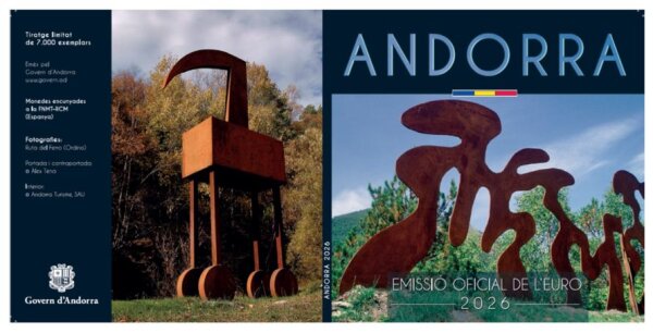 Vorderseite des offiziellen Kursmünzensatz-Folders Andorra 2026 in Stempelglanz-Qualität.