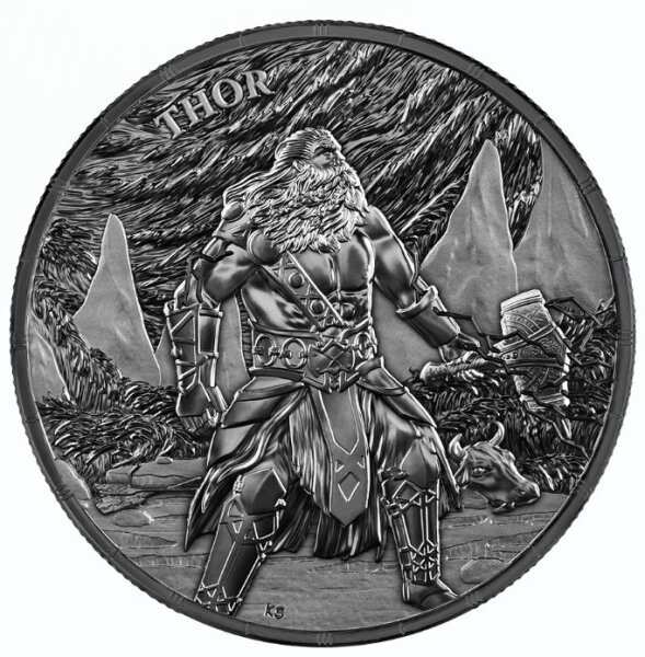 Motivseite der 1 oz Feinsilbermünze 2026 Ragnarök - Thor im geheimnisvollen Black BU Finish.