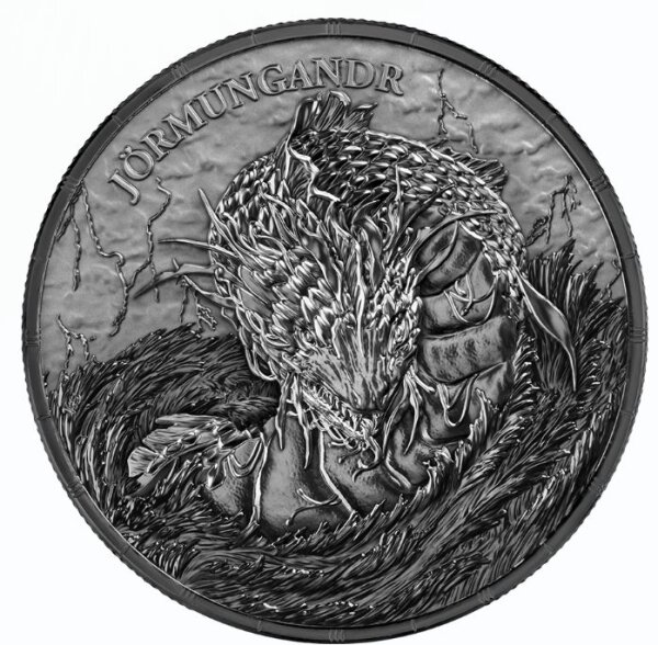 Detailreiche Motivseite der 1 oz Silbermünze 2026 Ragnarök - Jörmungandr mit der furchterregenden Midgardschlange.