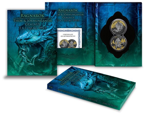 Gesamtansicht des 2 x 1 oz Silber Geminus Sets 2026 Thor & Jörmungandr mit Gelbgold- und Ruthenium-Veredelung.